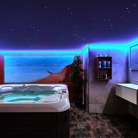 Modernes Spa-Badezimmer mit Whirlpool, LED-Beleuchtung und maritimer Wandmalerei.