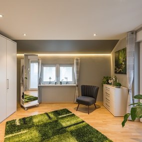 Modernes Schlafzimmer mit großem Kleiderschrank, grüner Teppich und vielen Pflanzen.